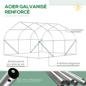 Serre de jardin tunnel, 10,4 m², serre de jardin, anti-UV, porte zippée enroulable, fenêtres en maille, tube d'acier galvanisé et PE 140g/㎡, 350 x 300 x 200 cm, vert