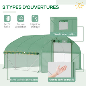 Serre de jardin tunnel, 10,4 m², serre de jardin, anti-UV, porte zippée enroulable, fenêtres en maille, tube d'acier galvanisé et PE 140g/㎡, 350 x 300 x 200 cm, vert
