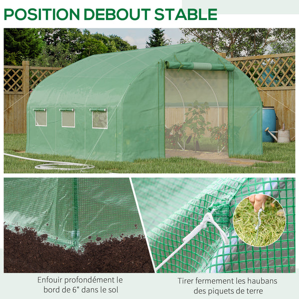 Serre de jardin tunnel, 10,4 m², serre de jardin, anti-UV, porte zippée enroulable, fenêtres en maille, tube d'acier galvanisé et PE 140g/㎡, 350 x 300 x 200 cm, vert