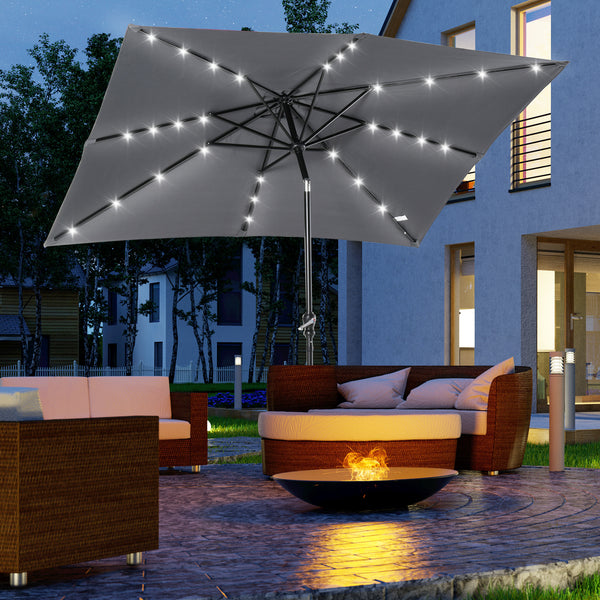 Parasol de jardin Parasol droit 3 x 2 m lumineux rectangulaire inclinable avec LED solaire acier polyester haute densité gris