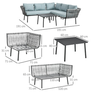 Salon de jardin d'angle en résine tressée 4 pièces avec 2 canapé d'angle 2 places + 1 canapé d'angle 1 place + table basse coussins inclus cadre en aluminium gris