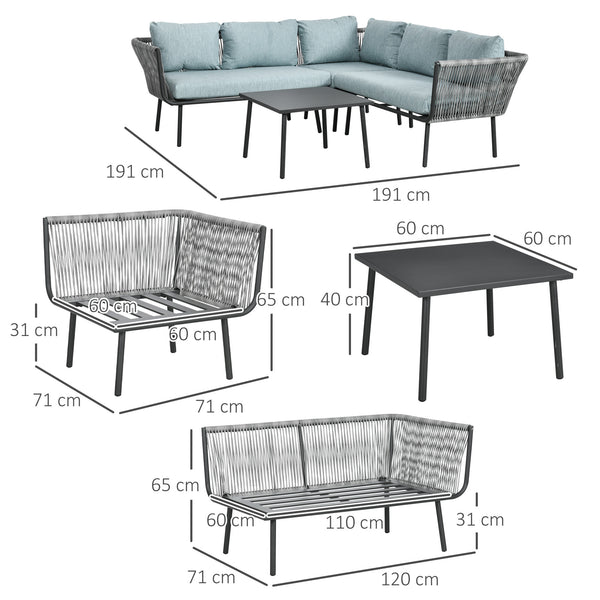 Salon de jardin d'angle en résine tressée 4 pièces avec 2 canapé d'angle 2 places + 1 canapé d'angle 1 place + table basse coussins inclus cadre en aluminium gris