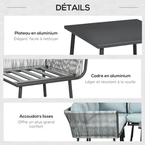 Salon de jardin d'angle en résine tressée 4 pièces avec 2 canapé d'angle 2 places + 1 canapé d'angle 1 place + table basse coussins inclus cadre en aluminium gris