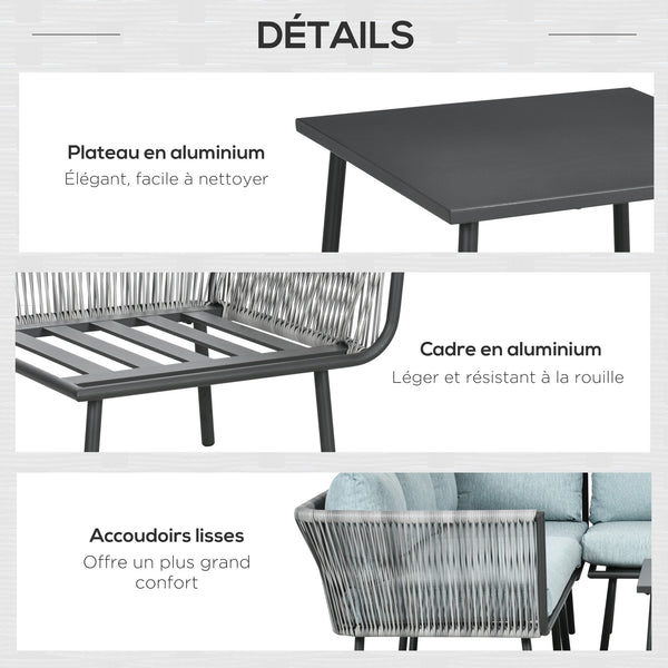 Salon de jardin d'angle en résine tressée 4 pièces avec 2 canapé d'angle 2 places + 1 canapé d'angle 1 place + table basse coussins inclus cadre en aluminium gris