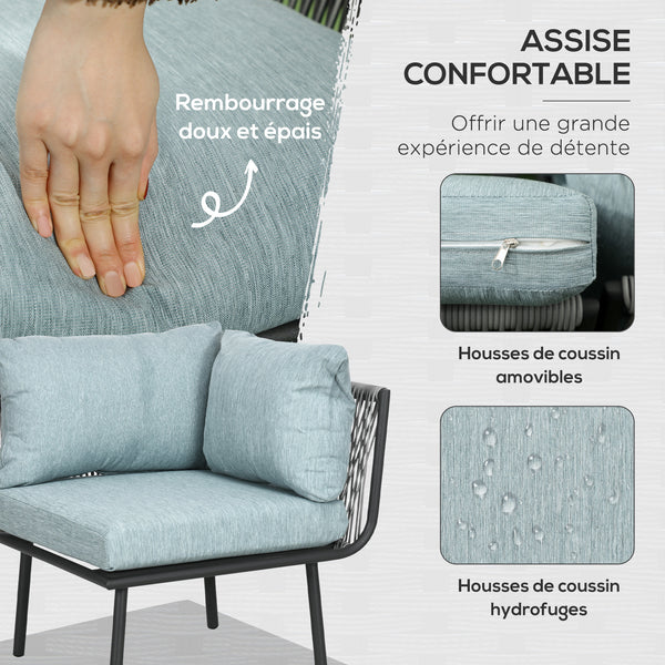 Salon de jardin d'angle en résine tressée 4 pièces avec 2 canapé d'angle 2 places + 1 canapé d'angle 1 place + table basse coussins inclus cadre en aluminium gris