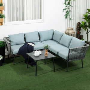 Salon de jardin d'angle en résine tressée 4 pièces avec 2 canapé d'angle 2 places + 1 canapé d'angle 1 place + table basse coussins inclus cadre en aluminium gris