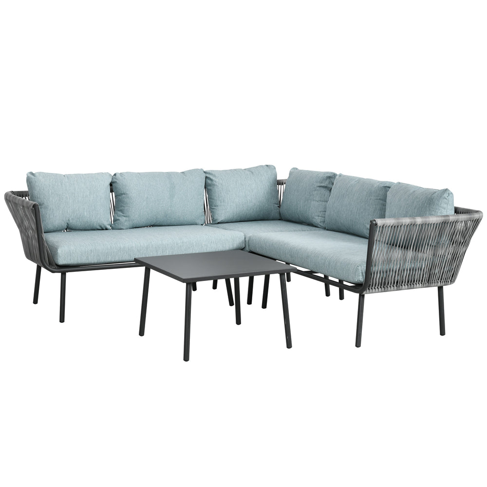 Salon de jardin d'angle en résine tressée 4 pièces avec 2 canapé d'angle 2 places + 1 canapé d'angle 1 place + table basse coussins inclus cadre en aluminium gris