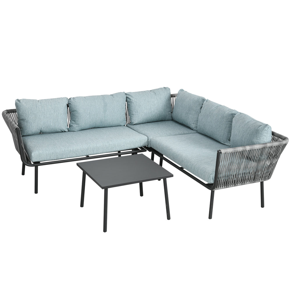Salon de jardin d'angle en résine tressée 4 pièces avec 2 canapé d'angle 2 places + 1 canapé d'angle 1 place + table basse coussins inclus cadre en aluminium gris