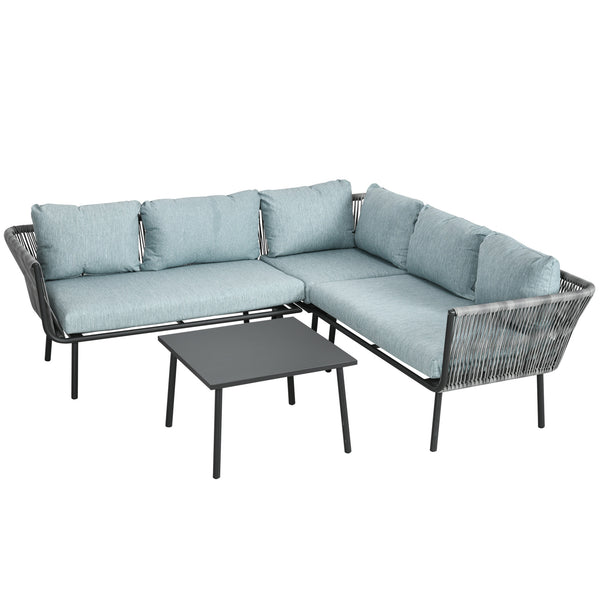 Salon de jardin d'angle en résine tressée 4 pièces avec 2 canapé d'angle 2 places + 1 canapé d'angle 1 place + table basse coussins inclus cadre en aluminium gris
