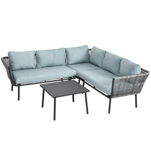 Salon de jardin d'angle en résine tressée 4 pièces avec 2 canapé d'angle 2 places + 1 canapé d'angle 1 place + table basse coussins inclus cadre en aluminium gris