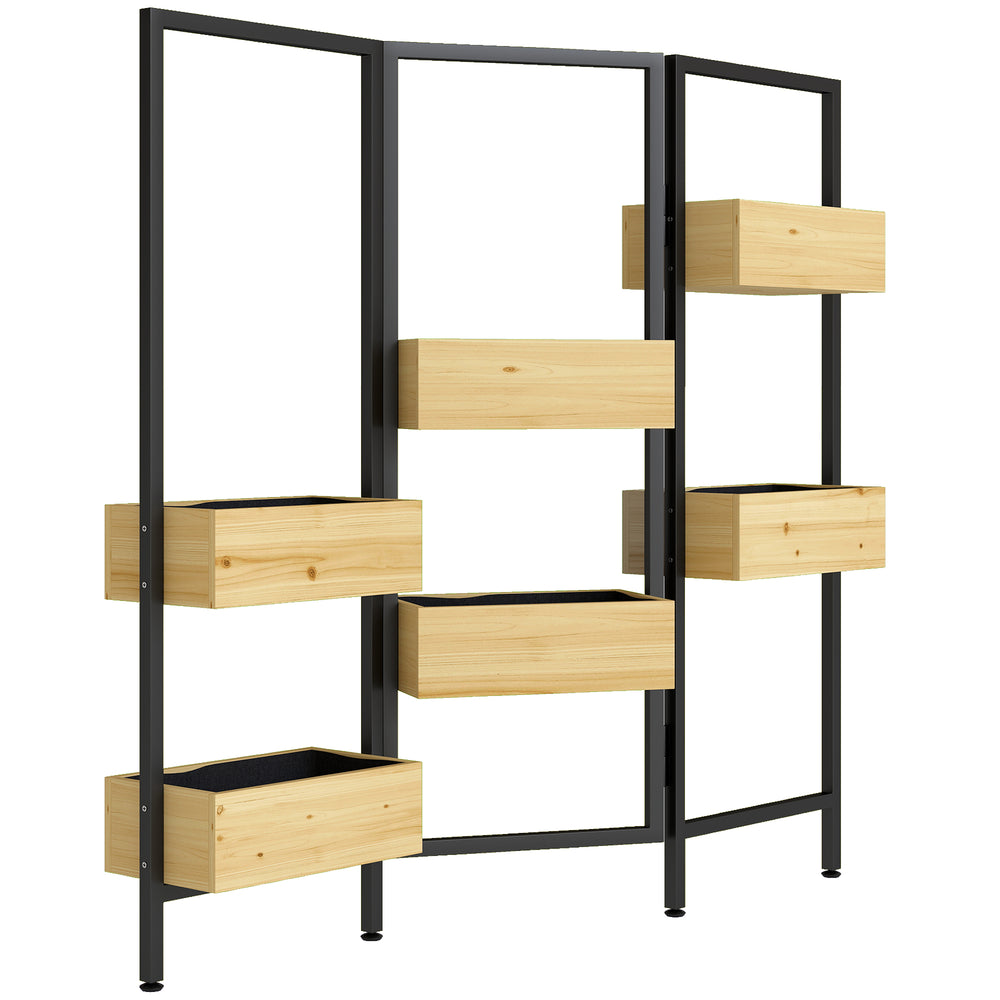 Séparateur de pièce avec 6 bacs à plantes, paravent extérieur pliable à 3 panneaux avec trou de drainage et doublure, pour l'intérieur et l'extérieur, patio, balcon, salon, bois naturel