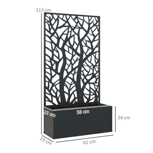 Jardinière avec treillis à motif arbres, bac à fleurs, lit surélevé, pour plantes grimpantes, légumes, fleurs, en métal, intérieur et extérieur, cour, jardin, balcon, 61 x 23 x 113 cm, noir