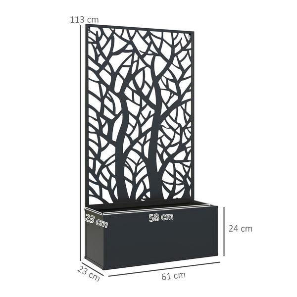 Jardinière avec treillis à motif arbres, bac à fleurs, lit surélevé, pour plantes grimpantes, légumes, fleurs, en métal, intérieur et extérieur, cour, jardin, balcon, 61 x 23 x 113 cm, noir