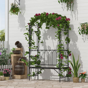 Arche à rosiers avec banc pour 2 personnes, arceau à rosiers, arche de jardin pour plantes grimpantes, pour jardin terrasse cour, 115 x 50 x 203 cm, noir