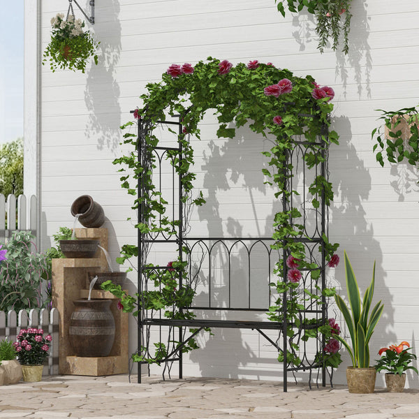 Arche à rosiers avec banc pour 2 personnes, arceau à rosiers, arche de jardin pour plantes grimpantes, pour jardin terrasse cour, 115 x 50 x 203 cm, noir