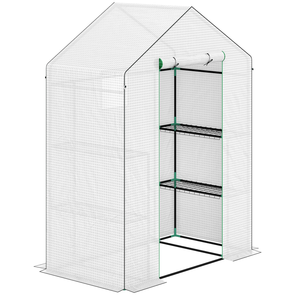 Serre de jardin PE avec étagères 3 niveaux, serre de balcon, bâche renforcée 135 g/m², châssis en acier, porte zippée enroulable, pour légumes plantes fleurs, 143x74x190cm, blanc