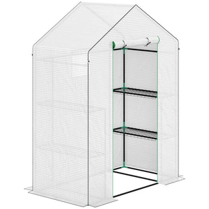 Serre de jardin PE avec étagères 3 niveaux, serre de balcon, bâche renforcée 135 g/m², châssis en acier, porte zippée enroulable, pour légumes plantes fleurs, 143x74x190cm, blanc