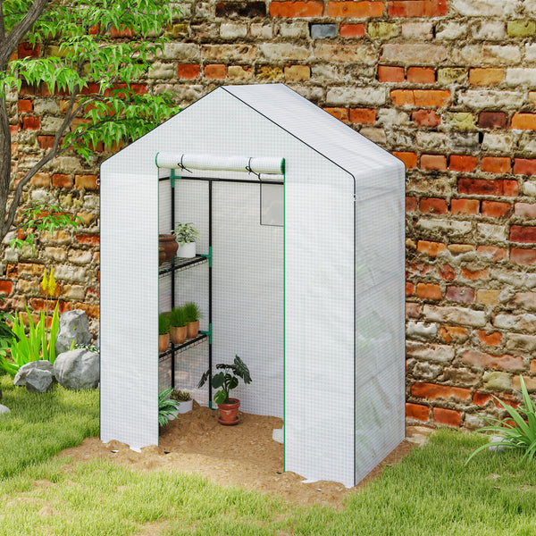 Serre de jardin PE avec étagères 3 niveaux, serre de balcon, bâche renforcée 135 g/m², châssis en acier, porte zippée enroulable, pour légumes plantes fleurs, 143x74x190cm, blanc