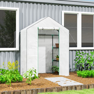 Serre de jardin PE avec étagères 3 niveaux, serre de balcon, bâche renforcée 135 g/m², châssis en acier, porte zippée enroulable, pour légumes plantes fleurs, 143x74x190cm, blanc