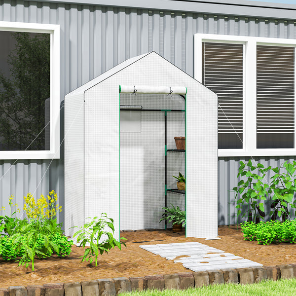 Serre de jardin PE avec étagères 3 niveaux, serre de balcon, bâche renforcée 135 g/m², châssis en acier, porte zippée enroulable, pour légumes plantes fleurs, 143x74x190cm, blanc