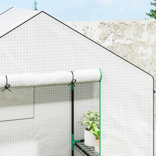 Serre de jardin PE avec étagères 3 niveaux, serre de balcon, bâche renforcée 135 g/m², châssis en acier, porte zippée enroulable, pour légumes plantes fleurs, 143x74x190cm, blanc