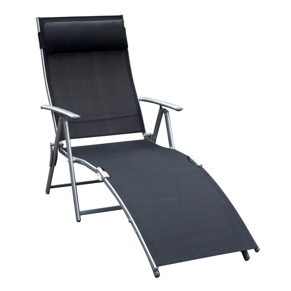 transat Chaise Longue Bain de Soleil Pliable Dossier inclinable Multi-Positions têtière fournie 137L x 64l x 101H cm métal époxy textilène Noir