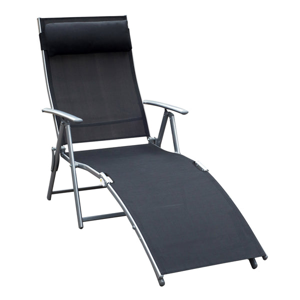 transat Chaise Longue Bain de Soleil Pliable Dossier inclinable Multi-Positions têtière fournie 137L x 64l x 101H cm métal époxy textilène Noir