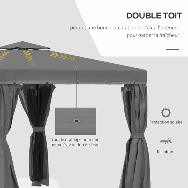Tonnelle de jardin extérieur 3 x 3 m, barnum avec toit double, rideaux et moustiquaire, tente de réception en aluminium, tonnelle pour terrasse patio mariage baptême, gris foncé
