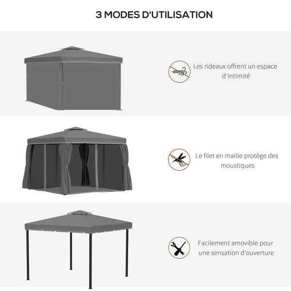 Tonnelle de jardin extérieur 3 x 3 m, barnum avec toit double, rideaux et moustiquaire, tente de réception en aluminium, tonnelle pour terrasse patio mariage baptême, gris foncé