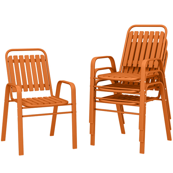 Lot de 4 chaises de jardin chaises empilables d'extérieur avec haut dossier et accoudoirs, cadre en acier pour jardin, piscine, terrasse, orange
