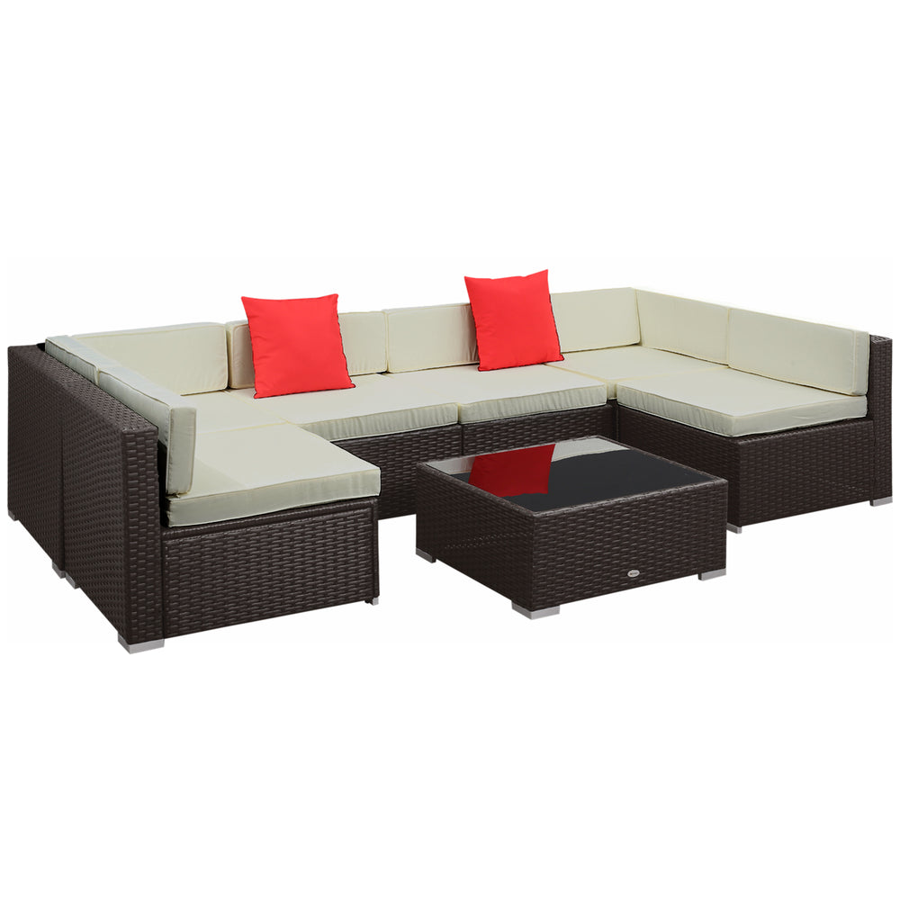 Ensemble salon de jardin 7 pièces modulables, coussins déhoussables inclus, table basse avec plateau verre trempé, en résine tressée, brun foncé