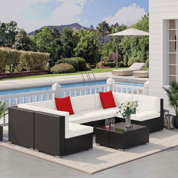Ensemble salon de jardin 7 pièces modulables, coussins déhoussables inclus, table basse avec plateau verre trempé, en résine tressée, brun foncé