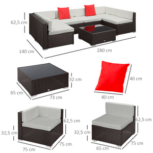 Ensemble salon de jardin 7 pièces modulables, coussins déhoussables inclus, table basse avec plateau verre trempé, en résine tressée, brun foncé