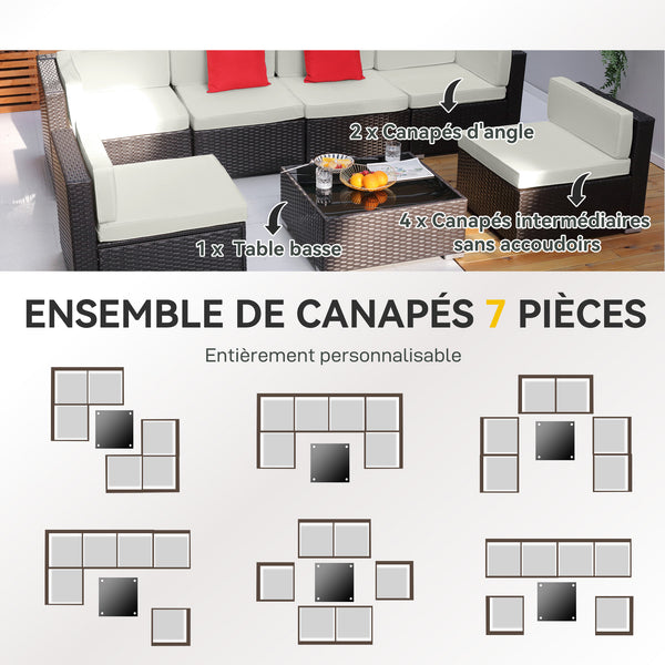 Ensemble salon de jardin 7 pièces modulables, coussins déhoussables inclus, table basse avec plateau verre trempé, en résine tressée, brun foncé
