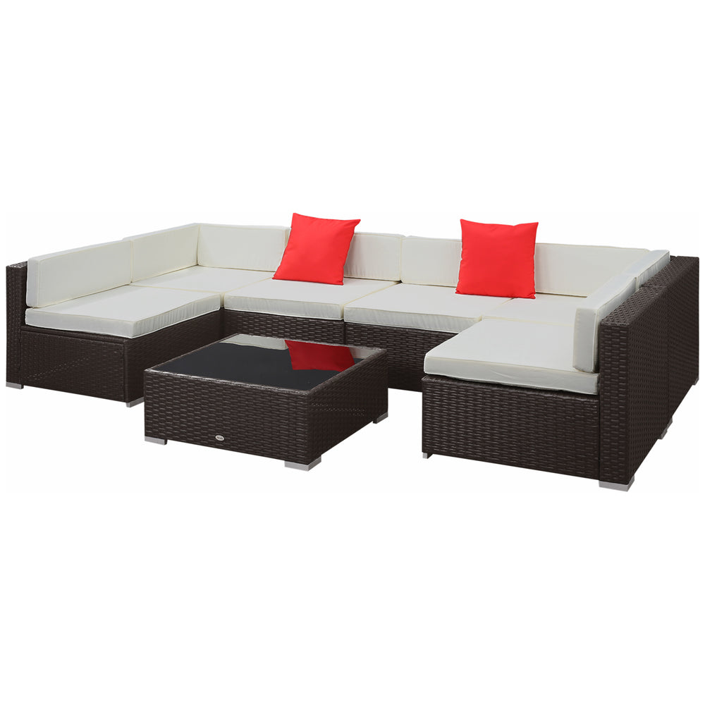 Ensemble salon de jardin 7 pièces modulables, coussins déhoussables inclus, table basse avec plateau verre trempé, en résine tressée, brun foncé