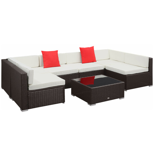 Ensemble salon de jardin 7 pièces modulables, coussins déhoussables inclus, table basse avec plateau verre trempé, en résine tressée, brun foncé