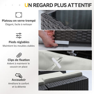 Ensemble salon de jardin 7 pièces modulables, coussins déhoussables inclus, table basse avec plateau verre trempé, en résine tressée, brun foncé
