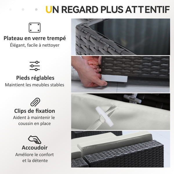 Ensemble salon de jardin 7 pièces modulables, coussins déhoussables inclus, table basse avec plateau verre trempé, en résine tressée, brun foncé