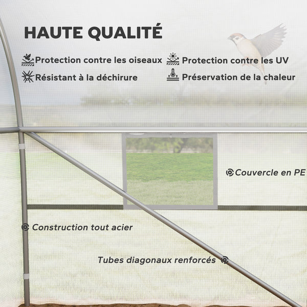Serre tunnel 24 ㎡ avec bâche PE cadre en acier galvanisé Ø 24 mm 12 fenêtres et porte roulante vertes 8 x 3 x 2 m blanc