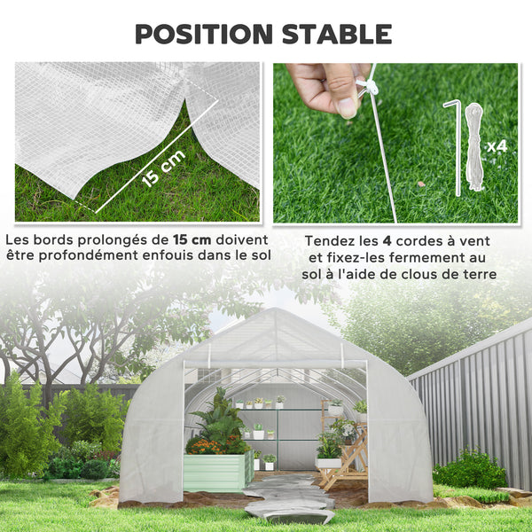 Serre tunnel 24 ㎡ avec bâche PE cadre en acier galvanisé Ø 24 mm 12 fenêtres et porte roulante vertes 8 x 3 x 2 m blanc