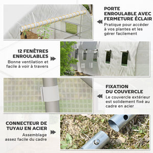 Serre tunnel 24 ㎡ avec bâche PE cadre en acier galvanisé Ø 24 mm 12 fenêtres et porte roulante vertes 8 x 3 x 2 m blanc