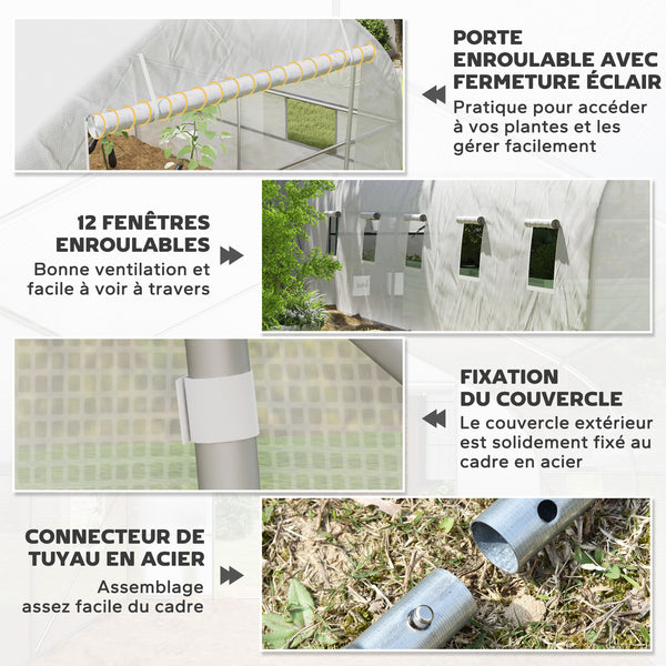Serre tunnel 24 ㎡ avec bâche PE cadre en acier galvanisé Ø 24 mm 12 fenêtres et porte roulante vertes 8 x 3 x 2 m blanc