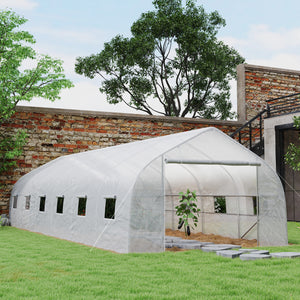 Serre tunnel 24 ㎡ avec bâche PE cadre en acier galvanisé Ø 24 mm 12 fenêtres et porte roulante vertes 8 x 3 x 2 m blanc