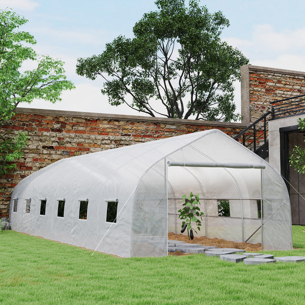 Serre tunnel 24 ㎡ avec bâche PE cadre en acier galvanisé Ø 24 mm 12 fenêtres et porte roulante vertes 8 x 3 x 2 m blanc