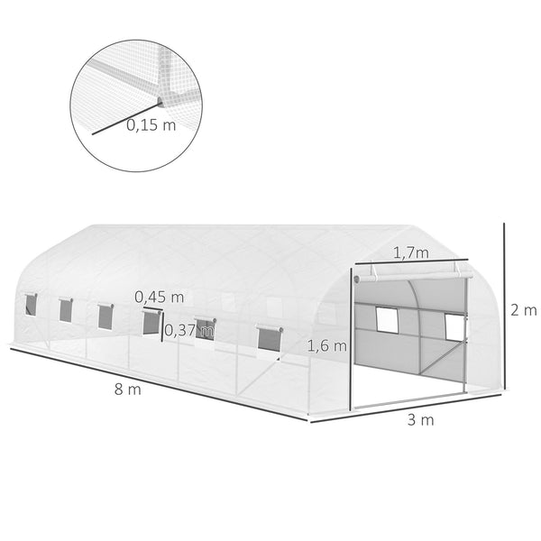 Serre tunnel 24 ㎡ avec bâche PE cadre en acier galvanisé Ø 24 mm 12 fenêtres et porte roulante vertes 8 x 3 x 2 m blanc