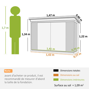 Abri de Jardin - cabane de jardin 1,26 m² - cabanon rangement outils 2 Portes verrouillables - dim. 147L x 86l x 134H cm - tôle d'acier Noir Blanc