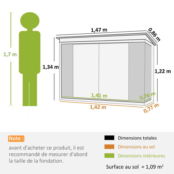 Abri de Jardin - cabane de jardin 1,26 m² - cabanon rangement outils 2 Portes verrouillables - dim. 147L x 86l x 134H cm - tôle d'acier Noir Blanc