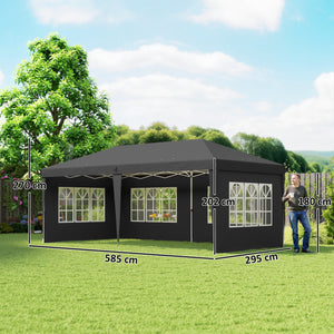 Tonnelle de jardin extérieure pop-up pliante - tente de réception - 3 x 6 m - pavillon chapiteau barnum - 3 cotés démontables - piquets d'ancrage au sol + sac de transport inclus noir