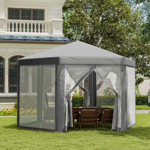 Tonnelle barnum tente de réception hexagonale style cosy métal polyester gris