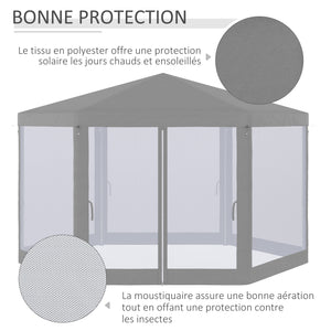 Tonnelle barnum tente de réception hexagonale style cosy métal polyester gris
